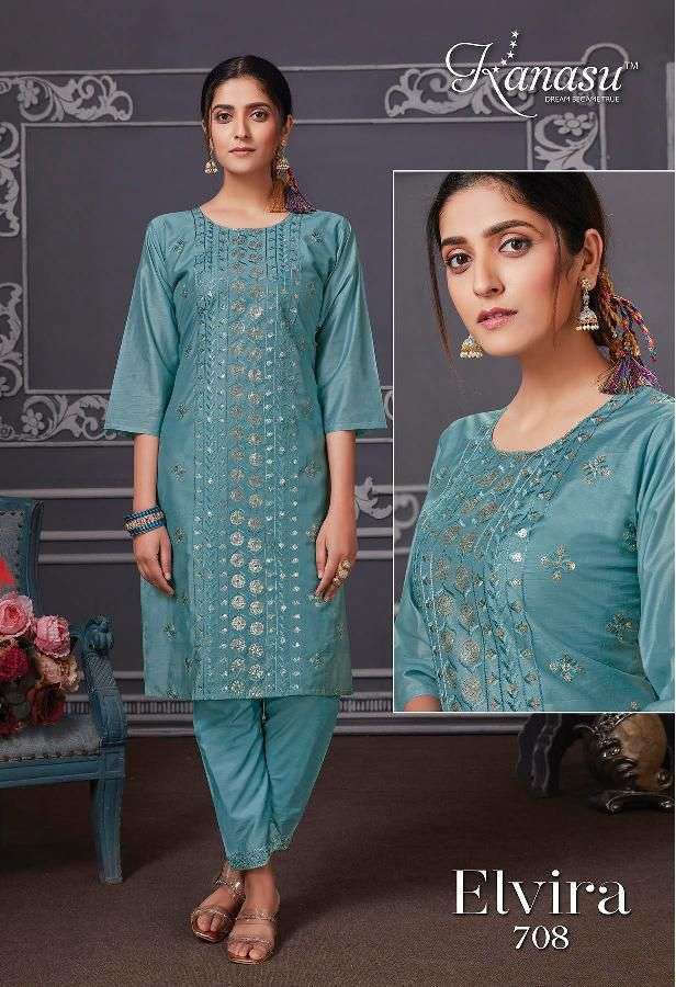 ELVIRA SERIES 701 TO 708 KURTI BY KANASU DESIGNER CHANDERI SILK KURTIS ARE AVAILABLE AT WHOLESALE PRICE